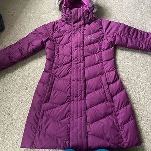 Marmot down coat purple womens size xs detachable hood warm jacket knee length